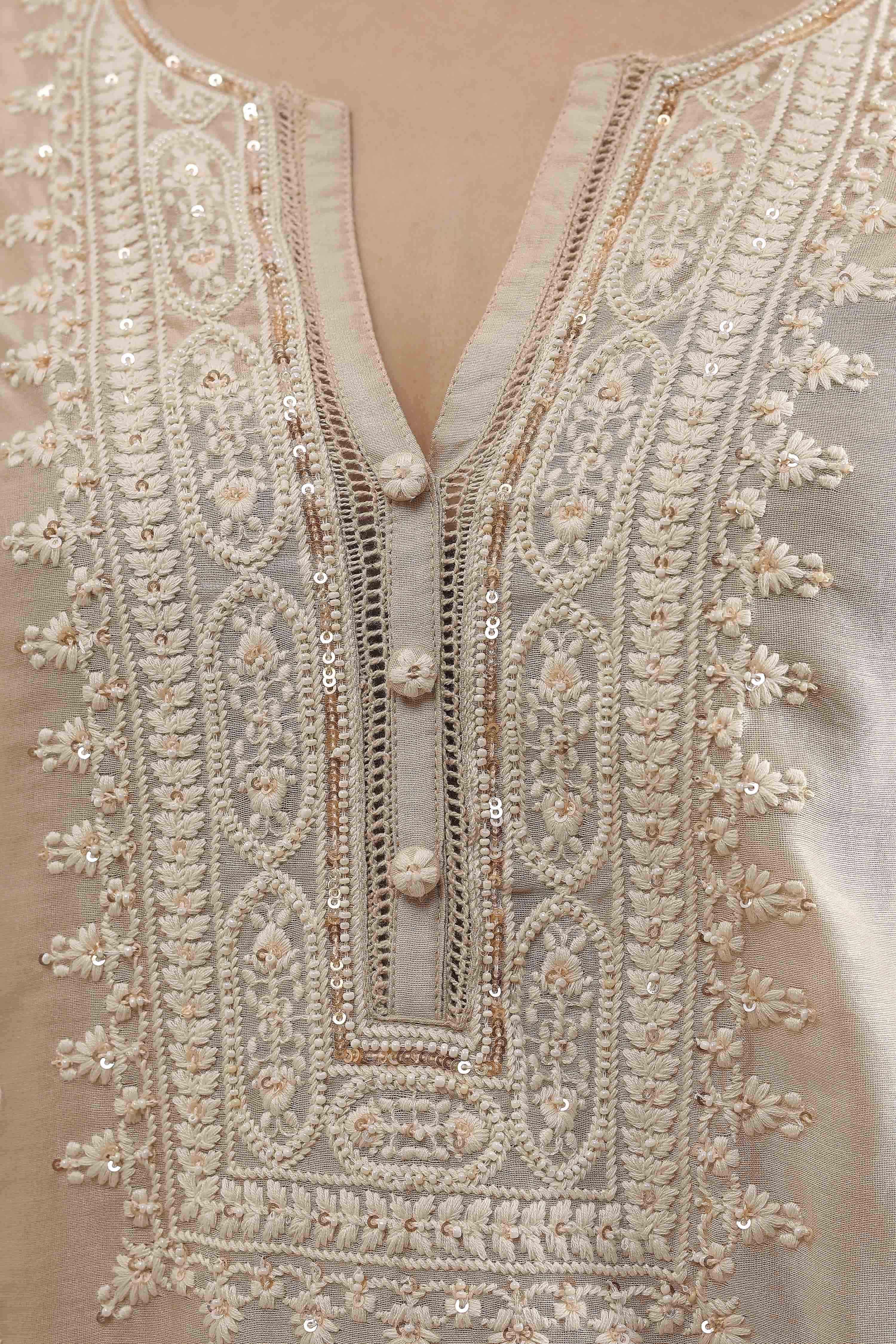 Natural White Chanderi Embroidered Straight Suit Set image number 8