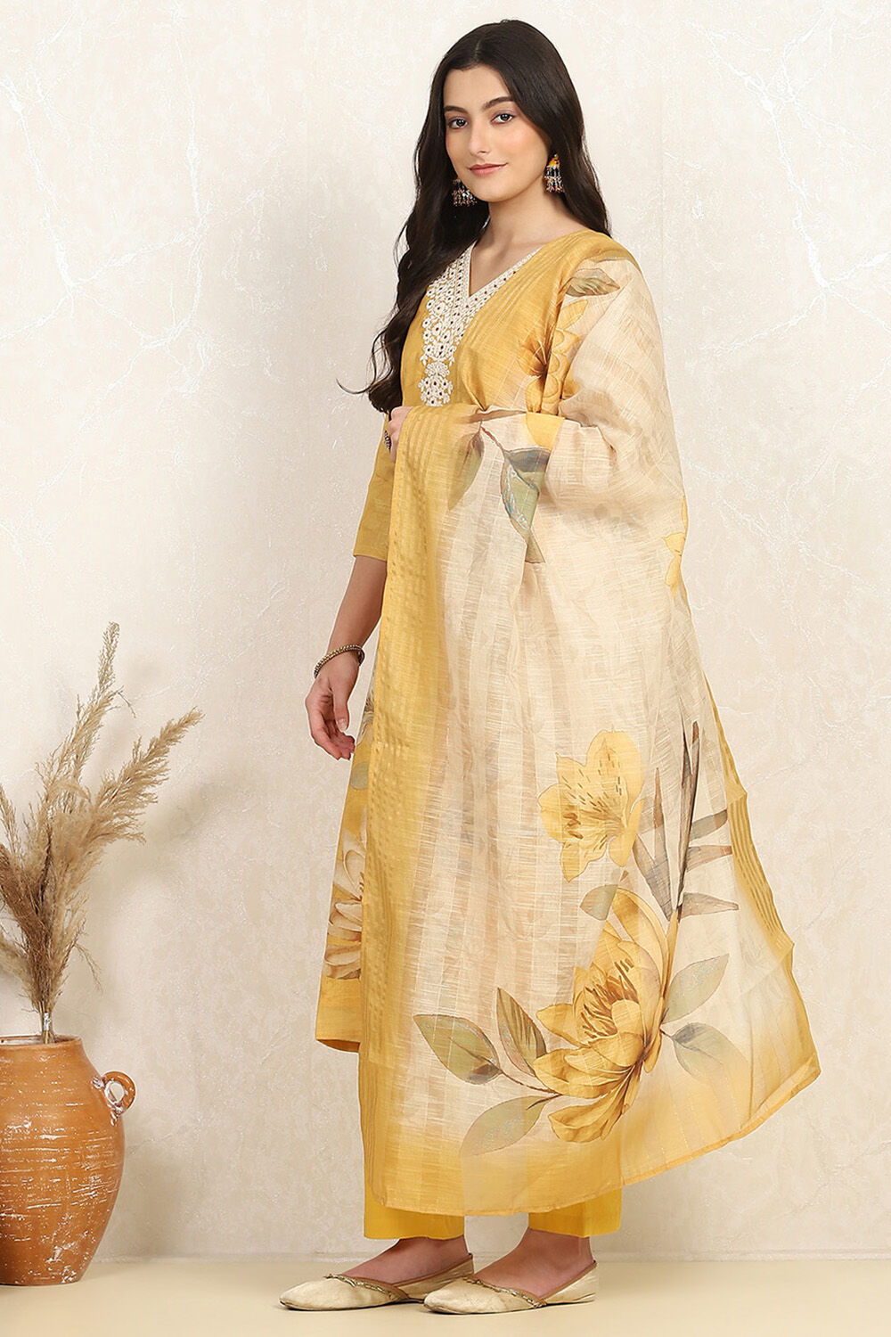 Mustard Linen Blend Digital Print Unstitched Suit Set image number 4
