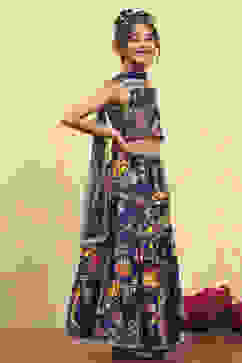 Purple Cotton Printed Tiered Lehenga Set image number 5