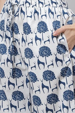 Off White Straight Cotton Three Piece Printed Sleepwear Set image number 2