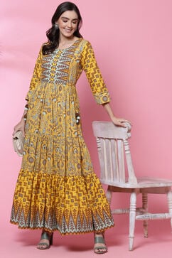 Mustard Cotton Flared Fusion Printed Dress image number 5