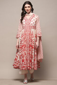 Off White Red Cotton Anarkali Suit Set image number 7