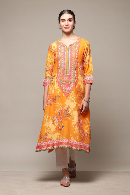 Orange LIVA Straight Printed Kurta image number 5