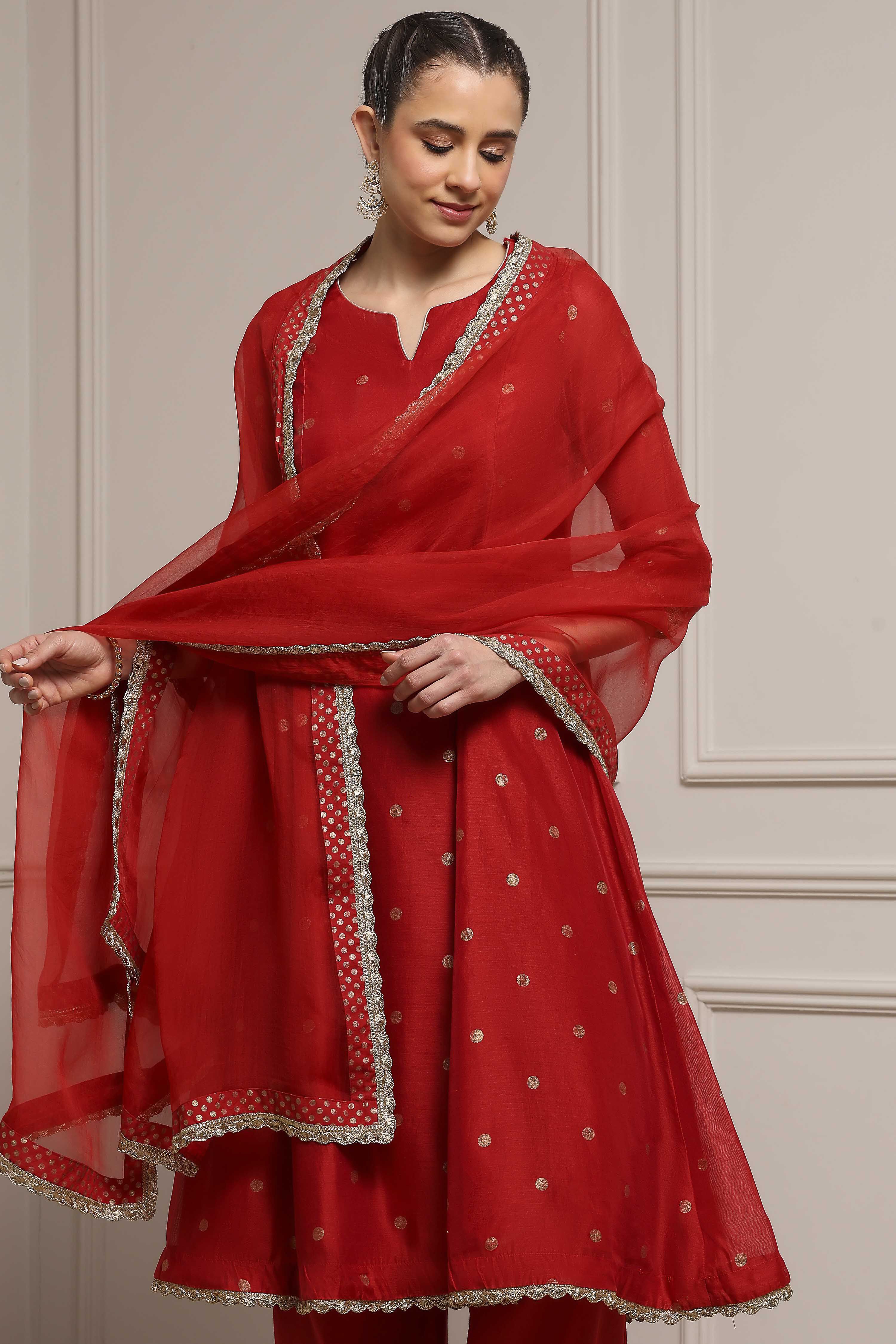 Red Polyester Kalidar Printed Suit Set image number 7