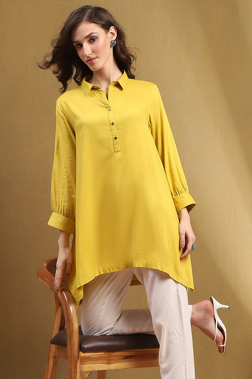 Mustard Yellow Solid Asymmetric Short Kurta image number 0
