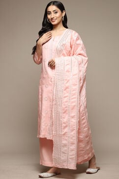 Powder Pink Cotton Blend Straight Kurta Palazzo Suit Set image number 7