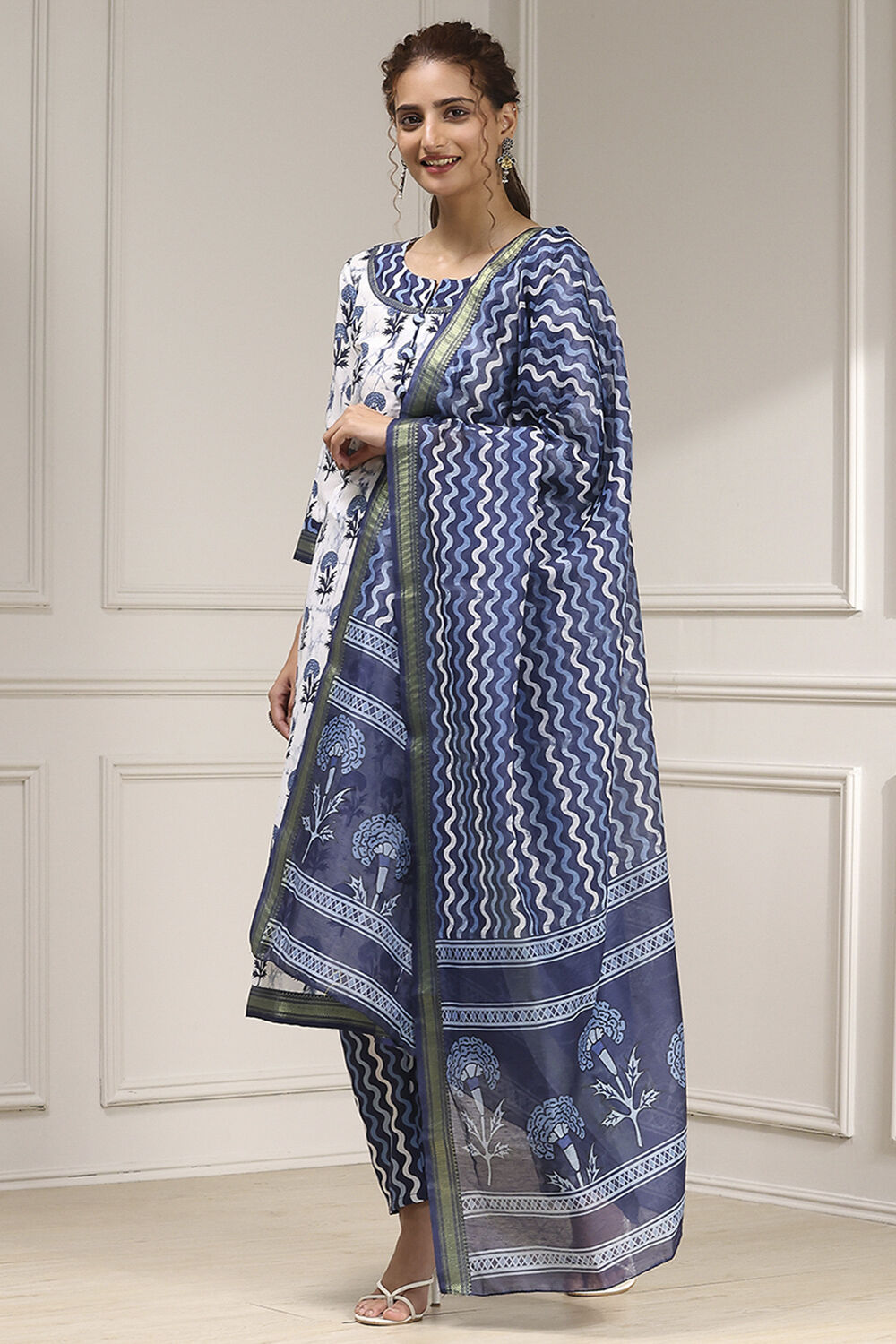 Indigo Cotton Modal Digital Print Unstitched Suit Set image number 4