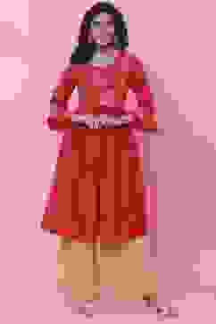 Red Art Silk Flared Kurta image number 0