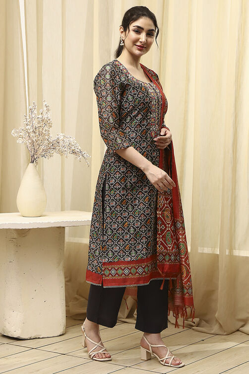 Black Tissue Machine Embroidered Unstitched Suit Set image number 6