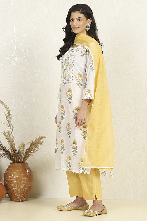 Blue and White Printed Cotton Unstitched Suit Set image number 4