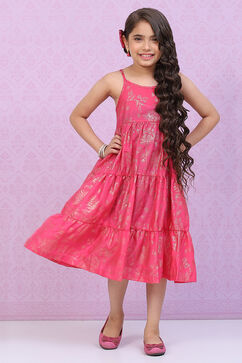 Berry Pink Art Silk Tiered Printed Kurta image number 0