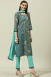 Blue Printed Straight Kurta Regular Pant Suit Set image number 0