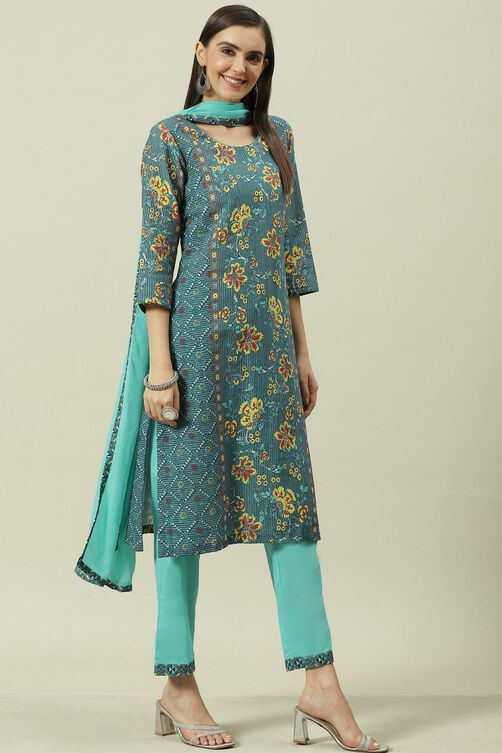 Blue Printed Straight Kurta Regular Pant Suit Set image number 0