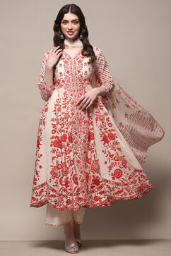 Off White Red Cotton Anarkali Suit Set image number 0