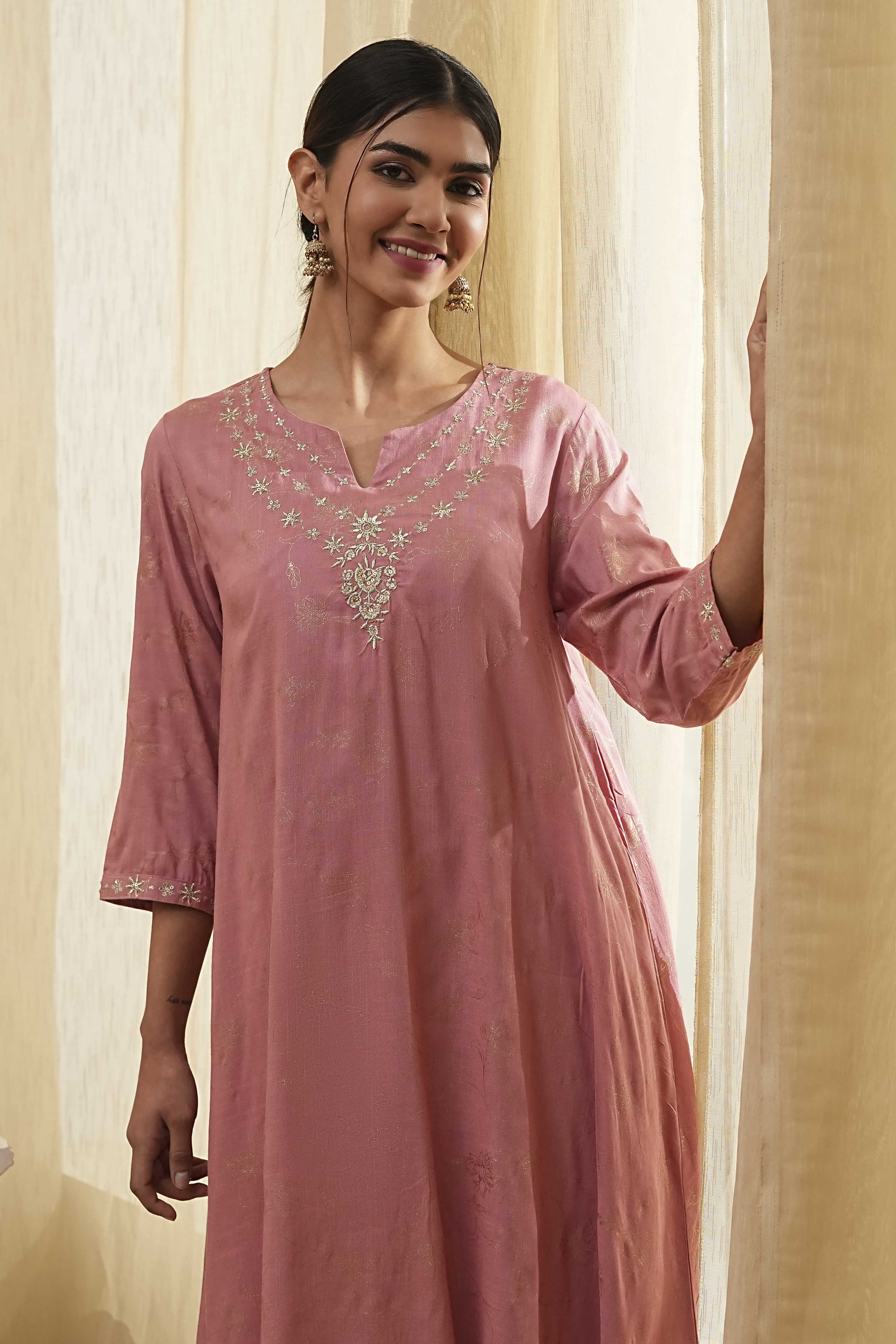 Dull Pink Printed Asymmetric Kurta image number 6
