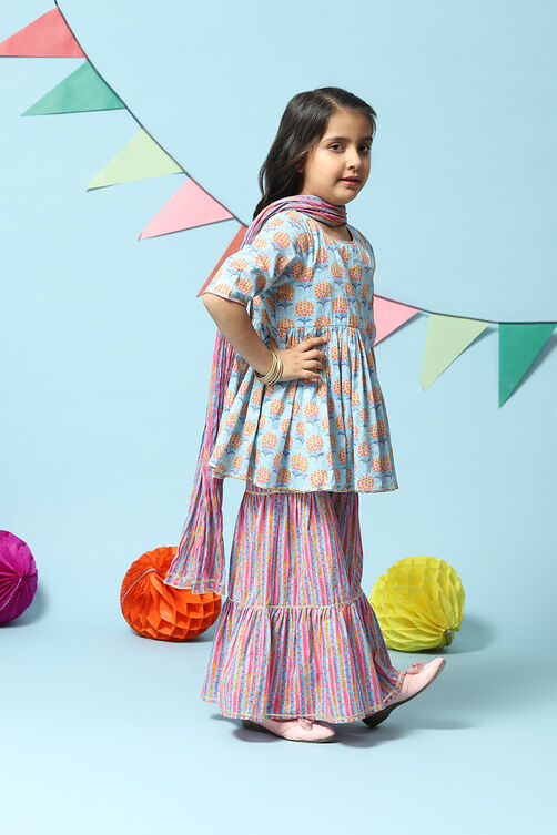 Light Blue Cotton Gathered Kurta Garara Suit Set image number 6