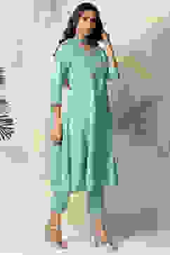 Sea Green Viscose Kalidar Kurta Slim Pant Suit Set image number 5