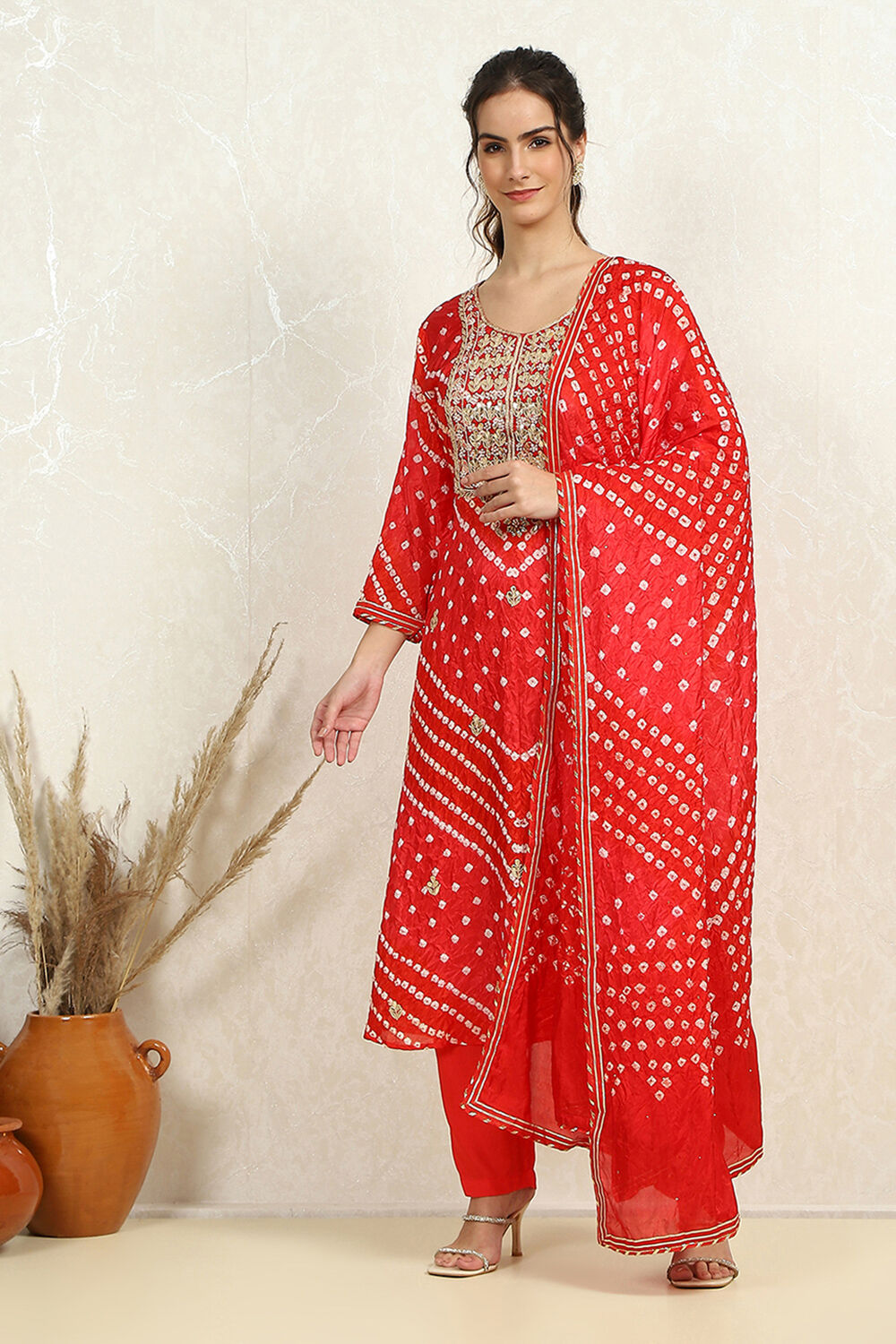 Orange Silk Blend Bandhej Crinkled Unstitched Suit Set image number 1