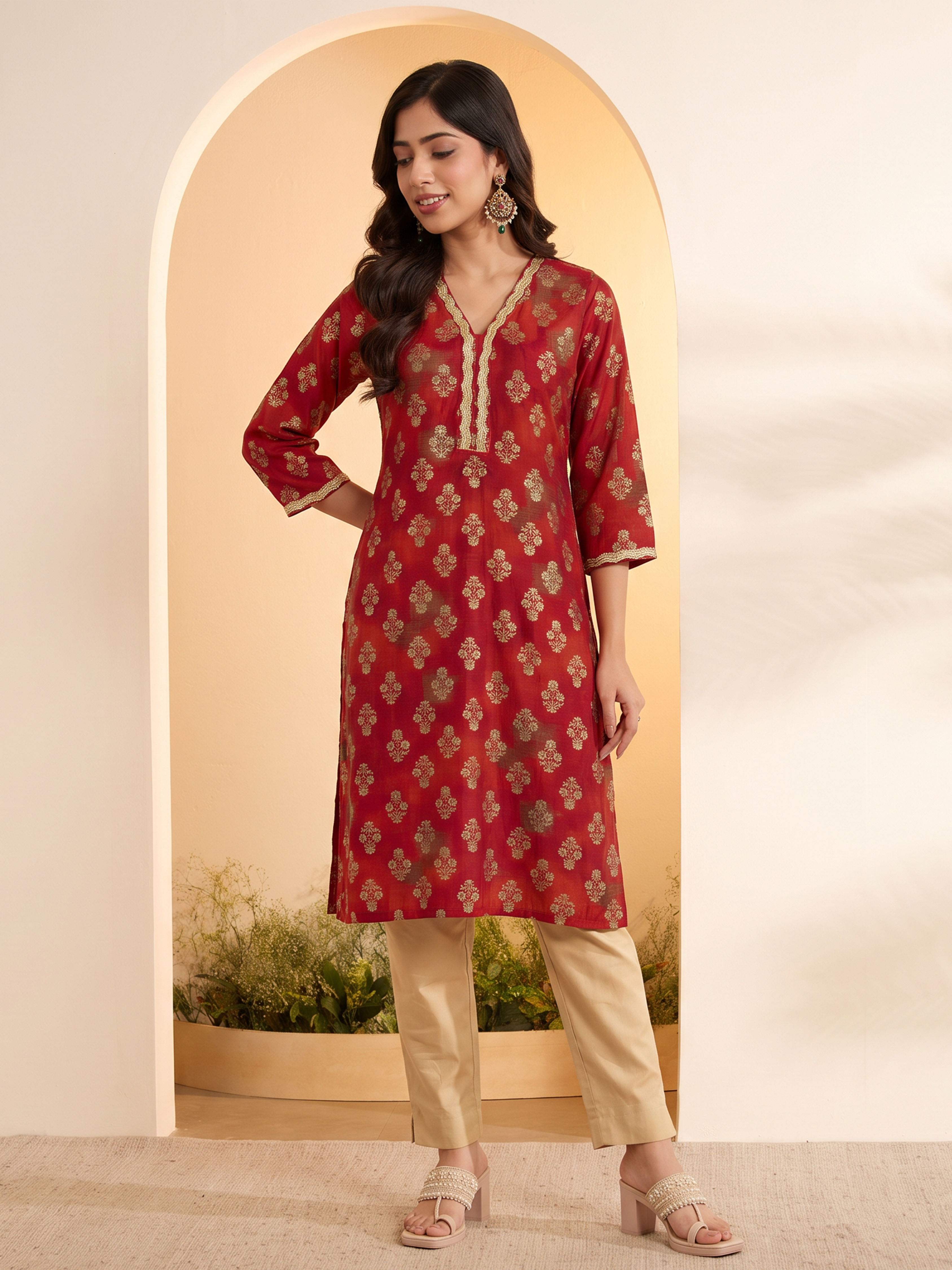 Red Poly Viscose Straight Kurta image number 4