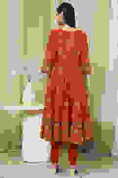 Orange Cotton Printed Anarkali Suit Set image number 4