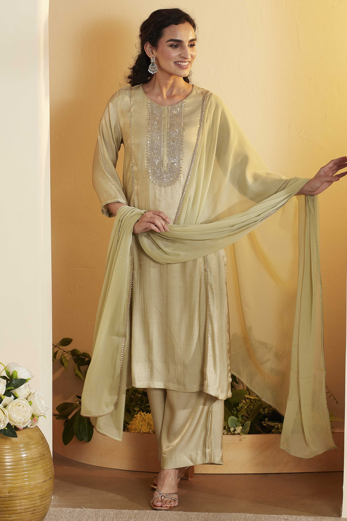 Pista Green Viscose Blend Yoke Design Straight Kurta Set