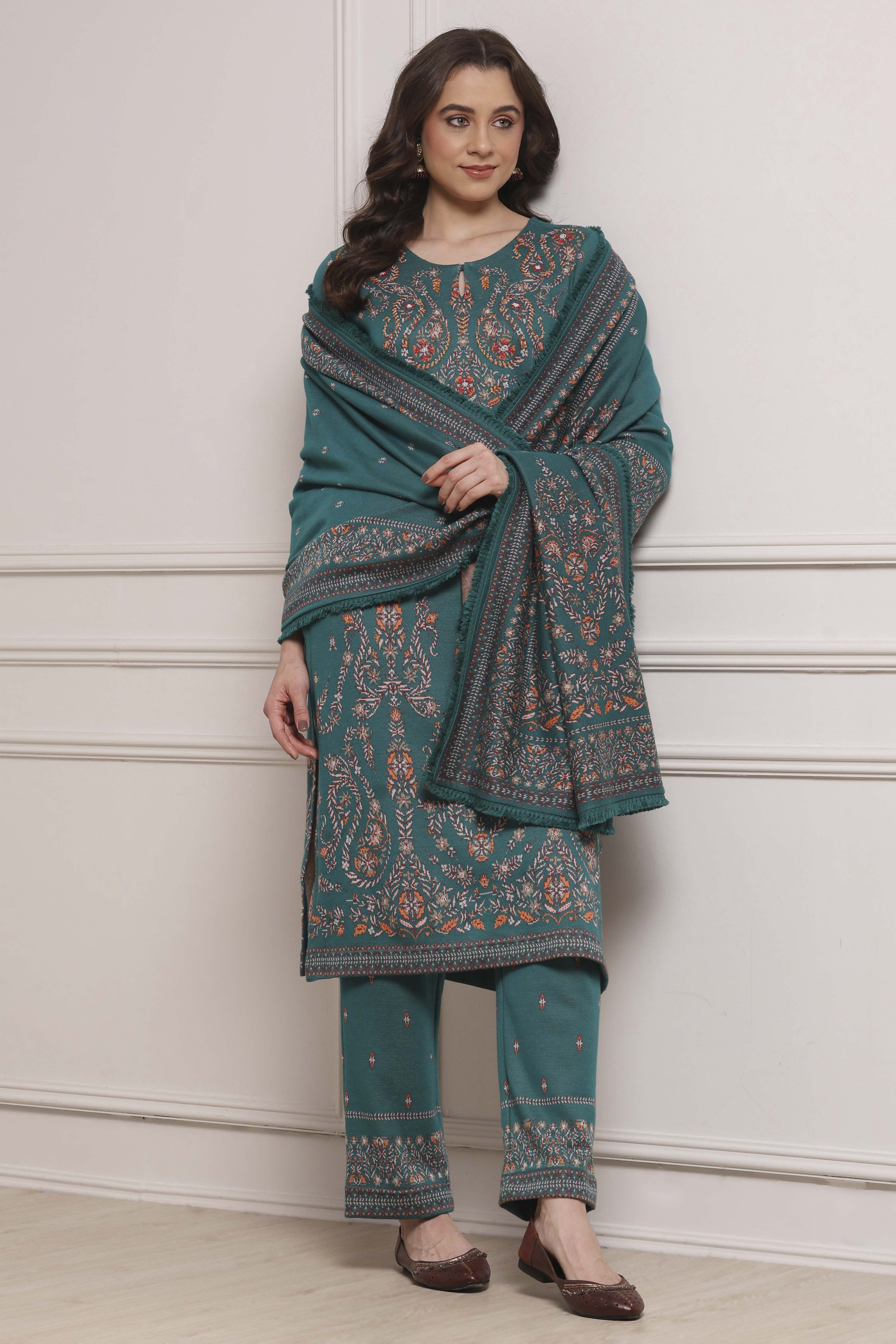 Green Printed Straight Winter Suit Set image number 0