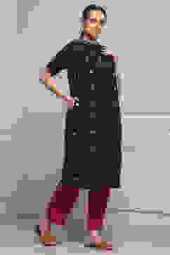 Navy Blue Cotton Printed Straight Kurta image number 4