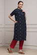 Navy Cotton Yarndyed Straight Kurta image number 4