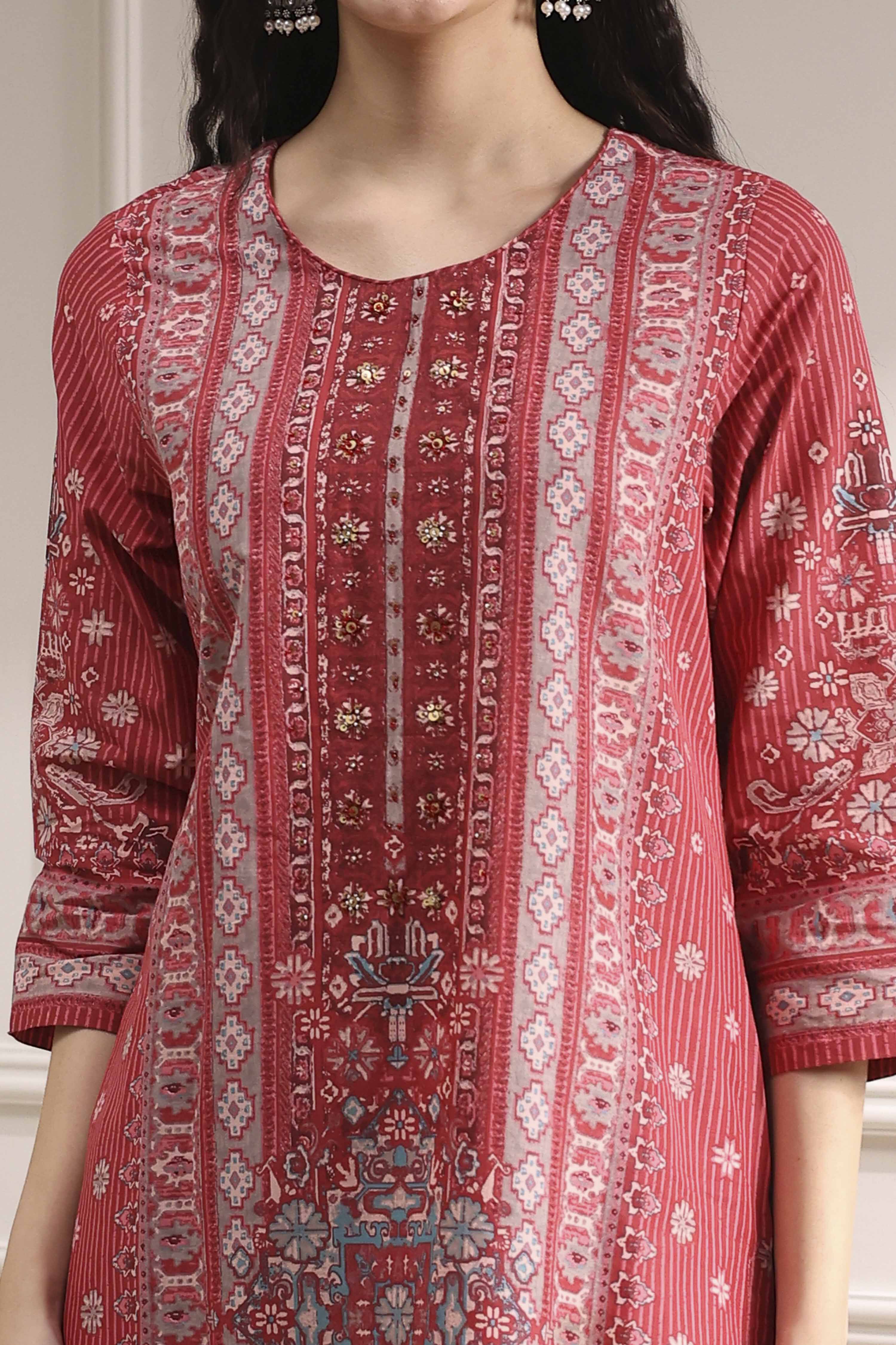 Grey Cotton Printed Straight Suit Set image number 1