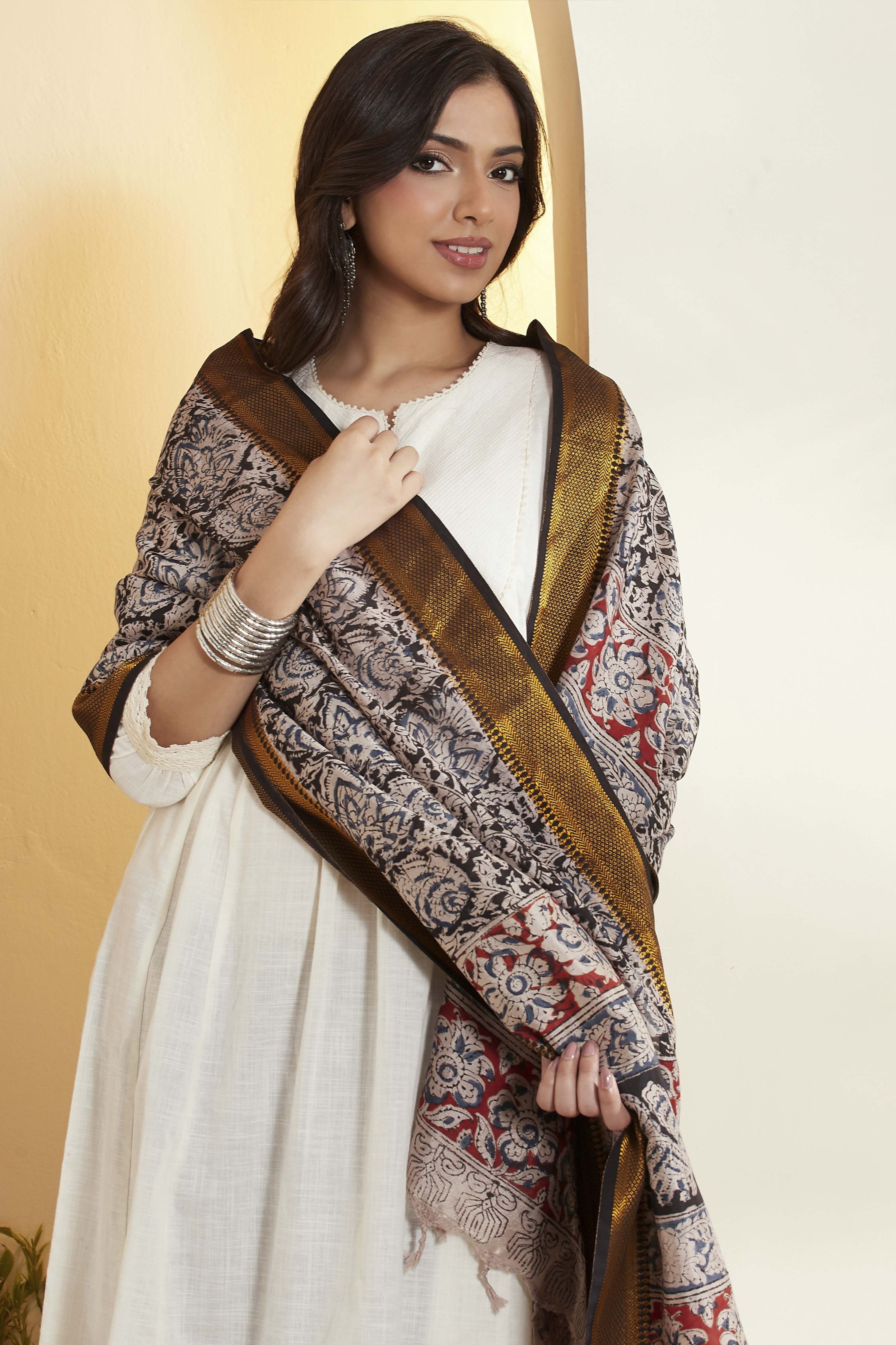Black Chennur Silk Floral Printed Dupatta image number 1