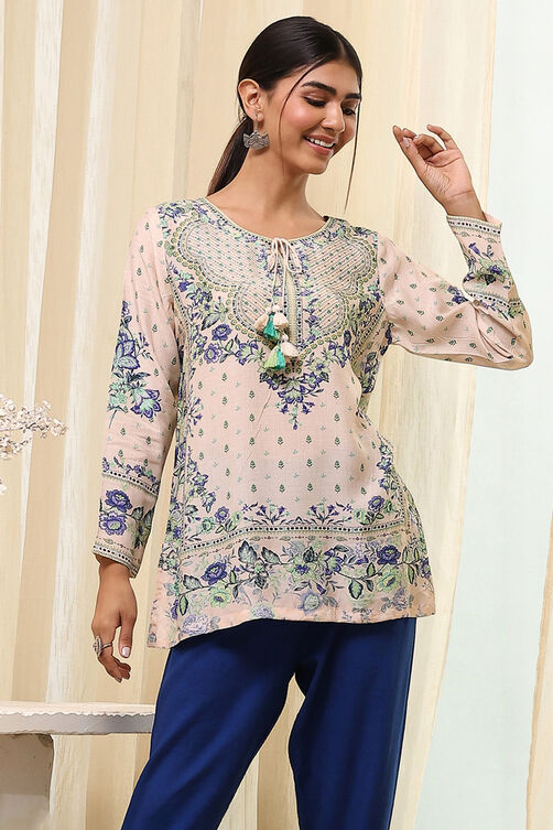 Off-White and Pink Modal Blend Straight Short Kurta image number 5
