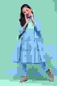 Sky Blue Cotton Tiered Printed 2 Piece Set image number 7