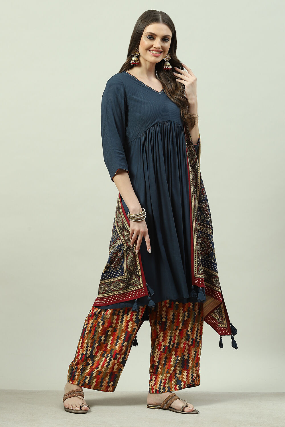 Navy LIVA A-Line Kurta Palazzo Suit Set image number 3