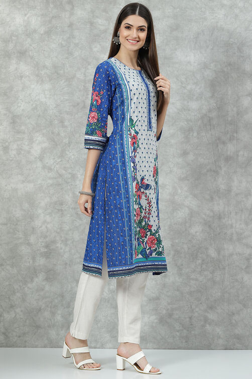 Blue Cotton Straight Printed Kurta image number 3