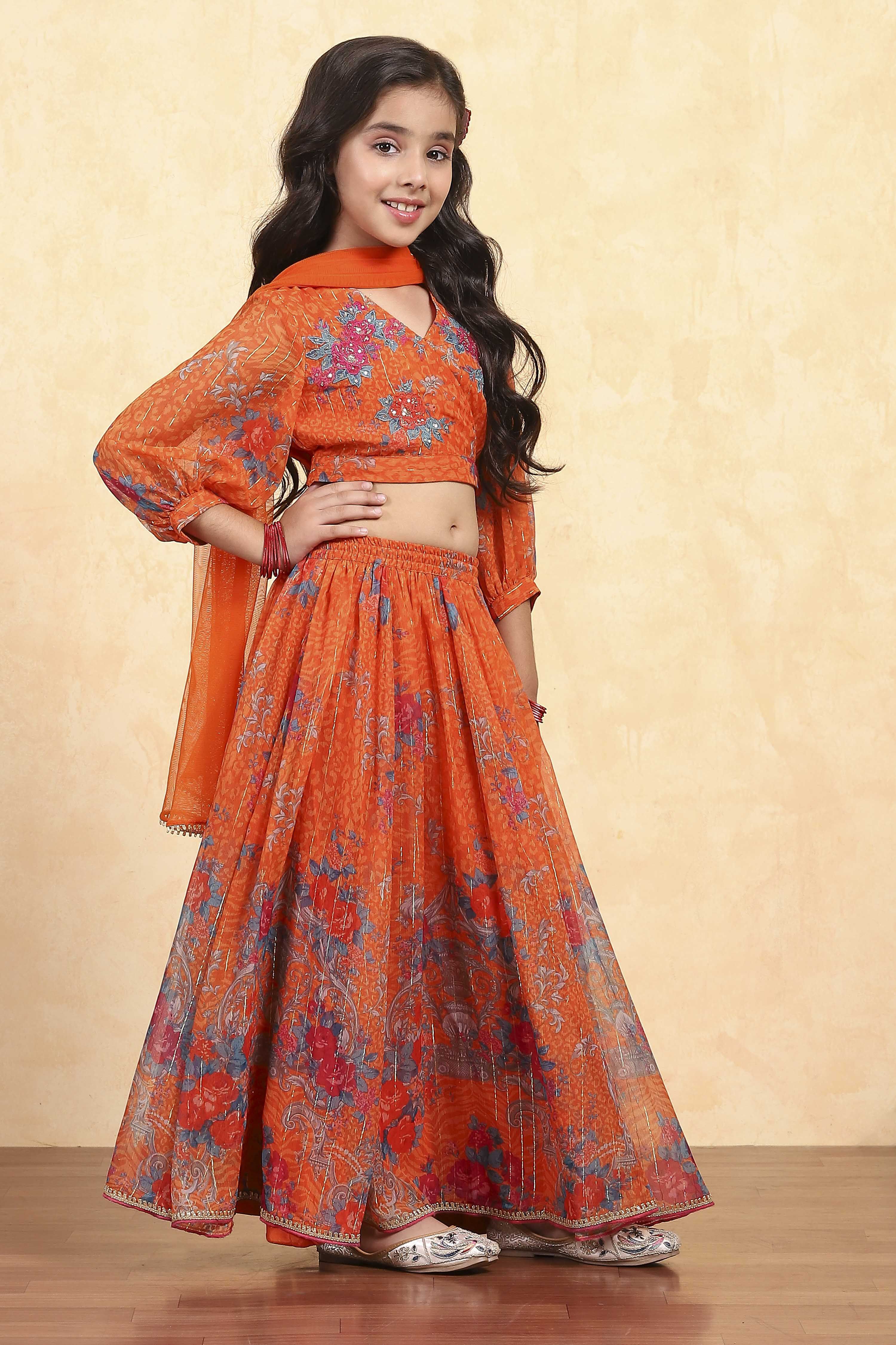 Orange Polyester Printed Kalidar Lehenga Set image number 5