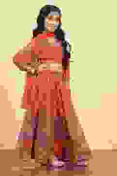 Orange Polyester Printed Kalidar Lehenga Set image number 5