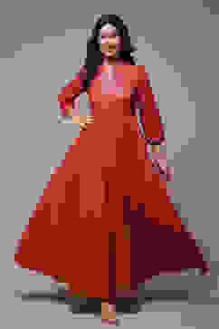 Red Cotton Straight Printed Dress image number 0