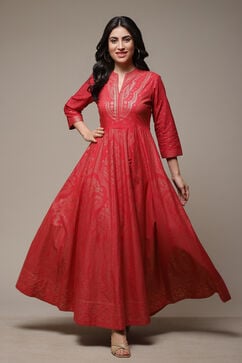 Red Cotton Straight Printed Dress image number 0