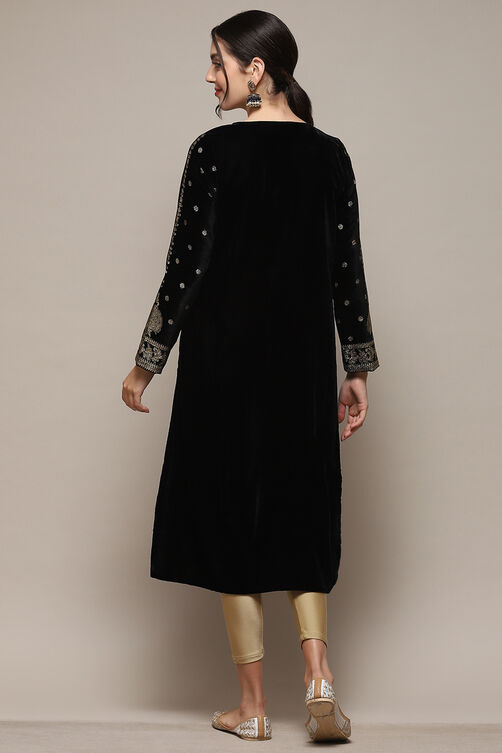 Black Poly Velvet Straight Printed Kurta image number 3