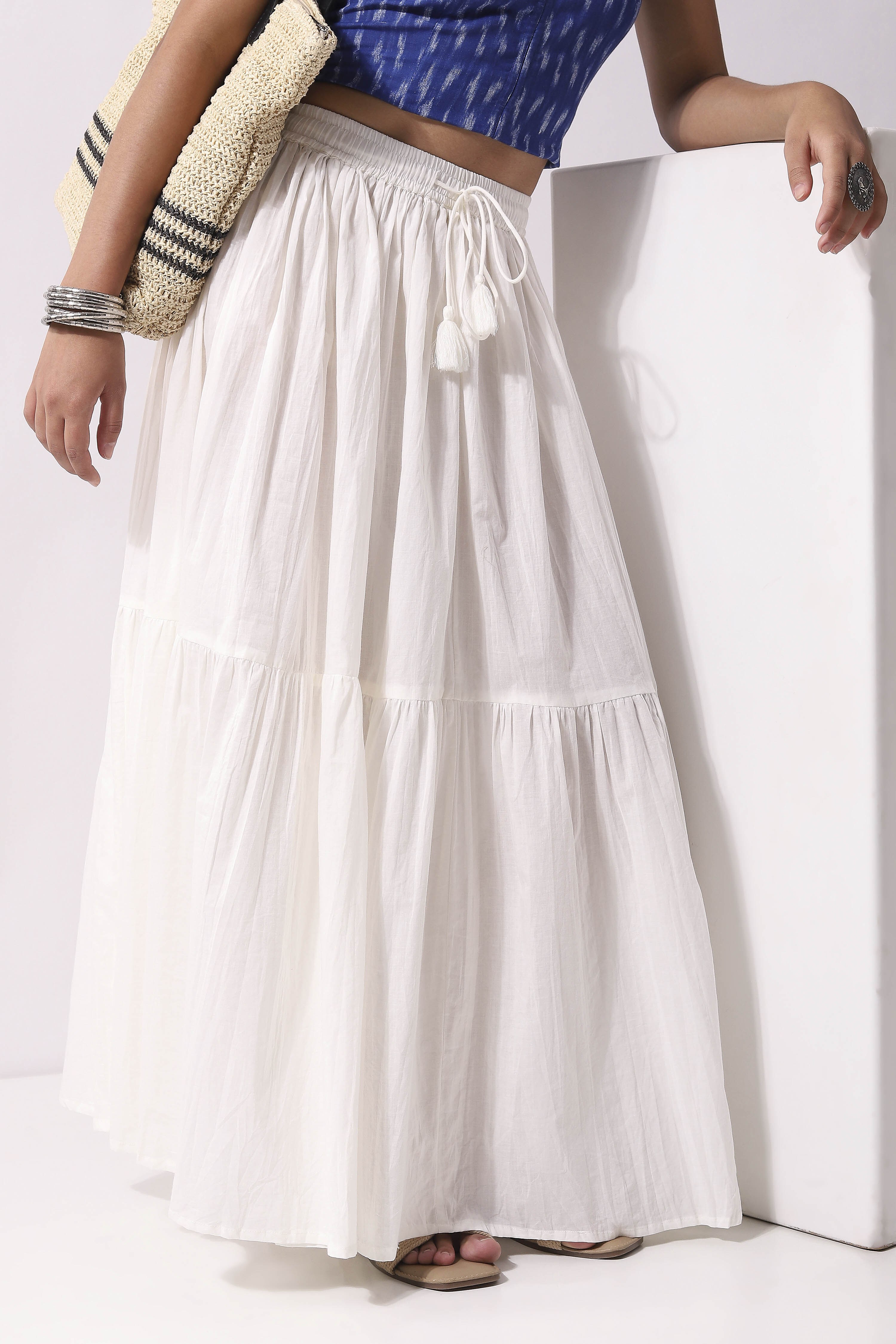 White Cotton Tiered Maxi Skirt image number 1