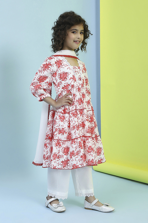 Red and White Cotton Floral Tiered Suit Set image number 5