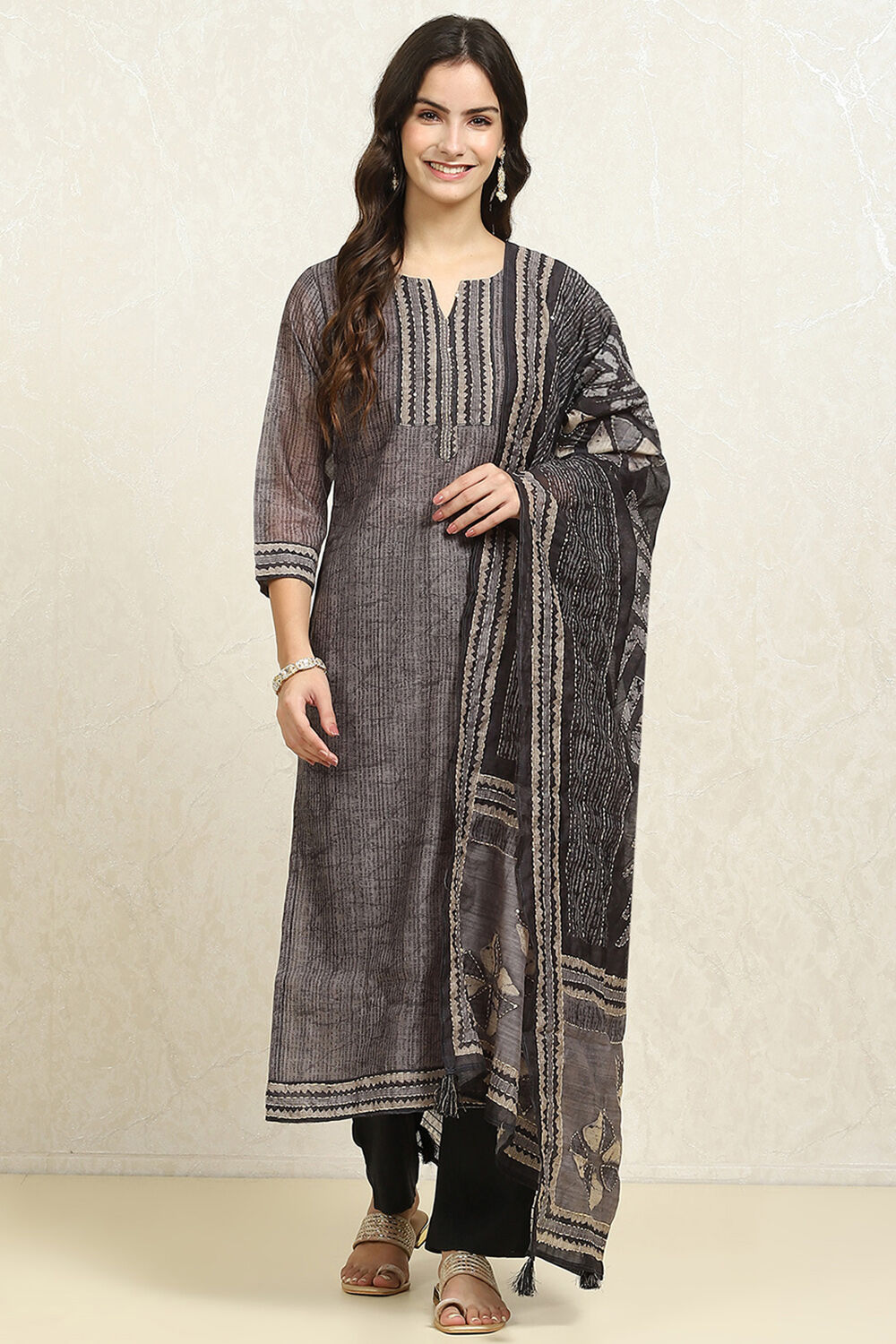 Grey Chanderi Blend Printed Unstitched Suit Set image number 7