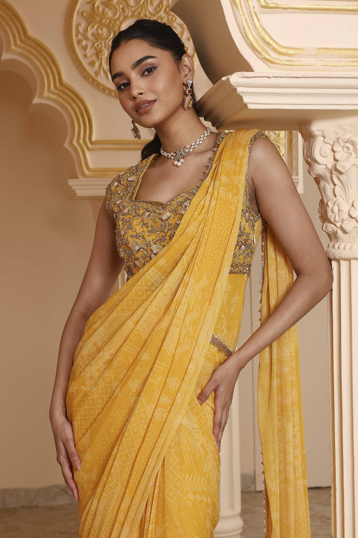 Yellow Poly Georgette Digital Printed Gown Saree