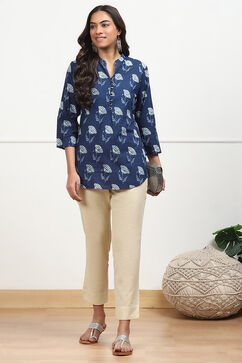 Beige Cotton Solid Regular Pants image number 0
