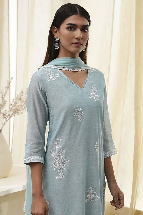 Aqua Embroidered Straight Suit Set image number 1