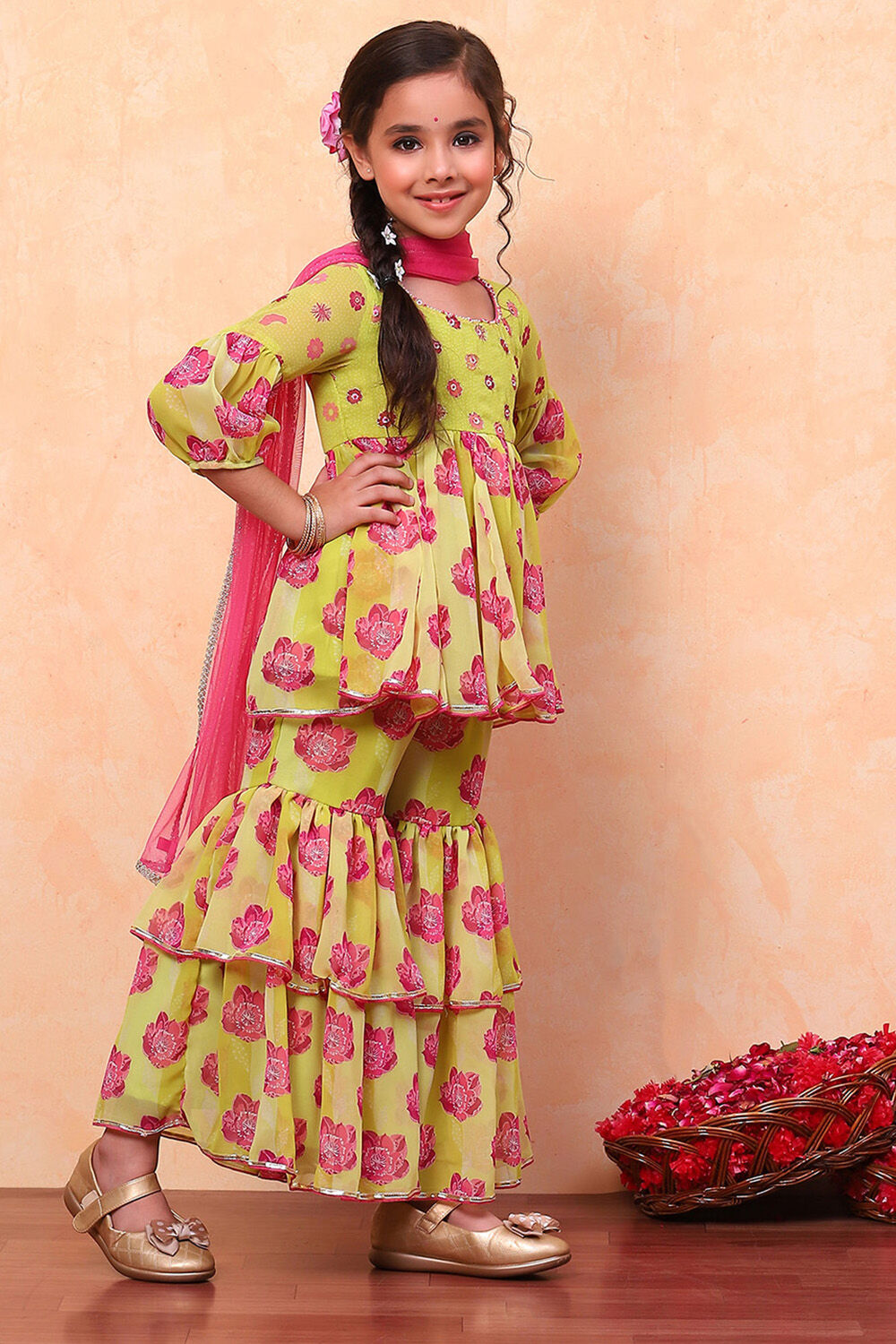 Lime Green Poly Georgette Floral Gathered Flared Suit Set image number 3