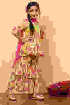 Lime Green Poly Georgette Floral Gathered Flared Suit Set image number 3