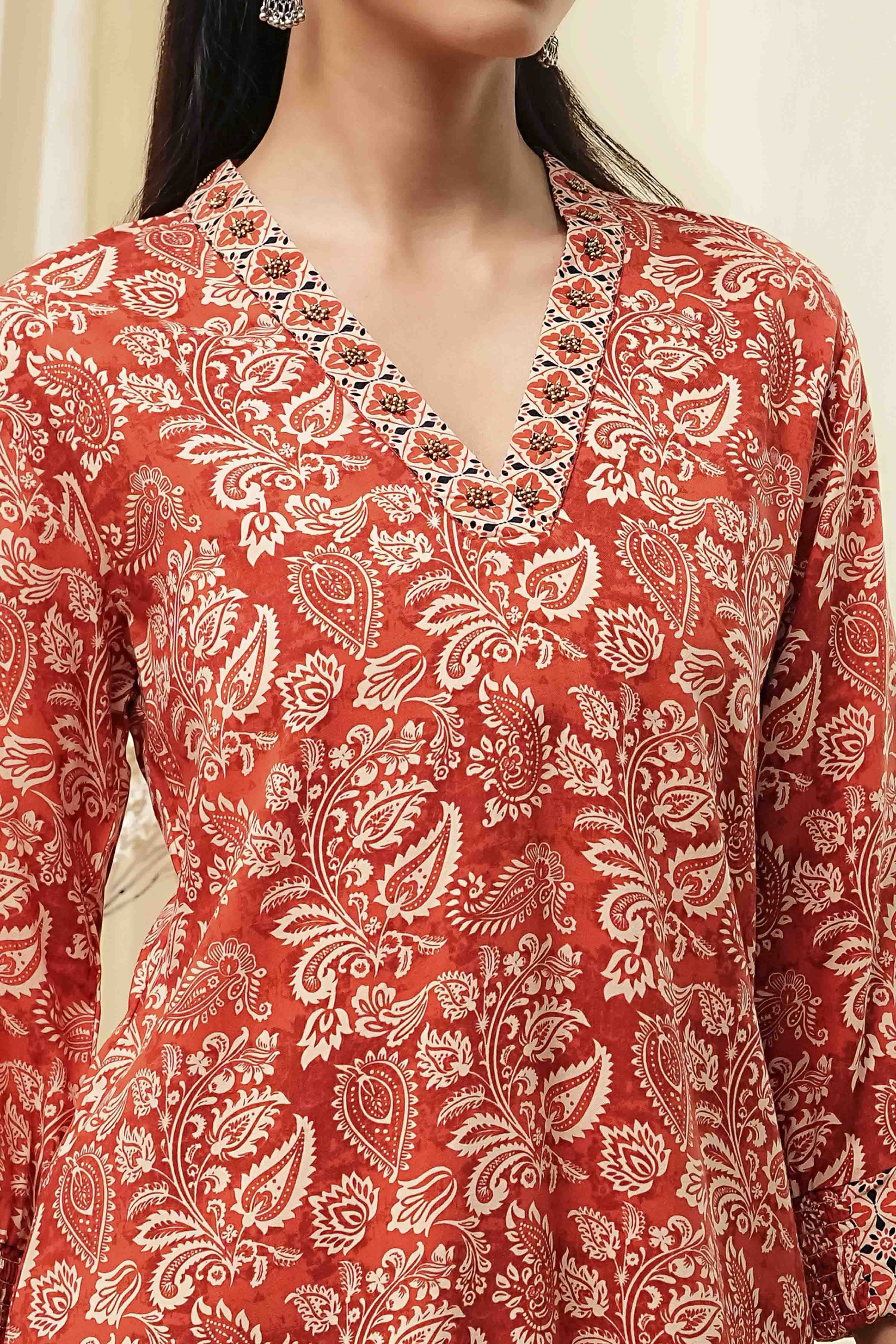 Rust Printed Straight Short Kurta image number 1