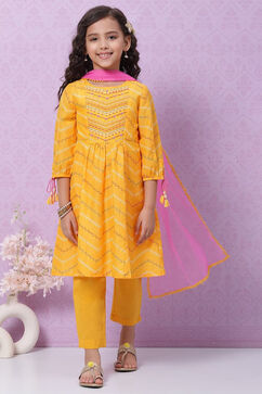 Yellow Cotton Anarkali Kurta Narrow Pants Suit Set image number 0