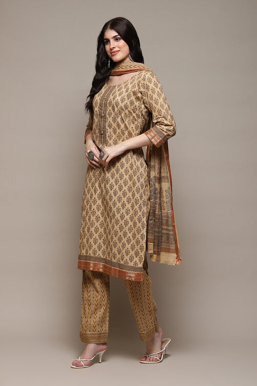 Coffee Brown Cotton Hand Embroidered Unstitched Suit Set image number 6
